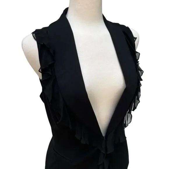 Y2K Cache Vest NWT Sz 6 Black Silk Ruffle V Neck Whimsigoth Dark Romantic 90s - Picture 2 of 11